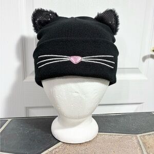 NEW CAT Ear Sequin Fur Knit Beanie Black Adult Size